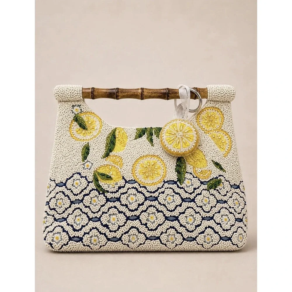 Handmade Beaded Lemon Riviera Bamboo Handle Purse Coastal Bag Charm Amalfi NWT